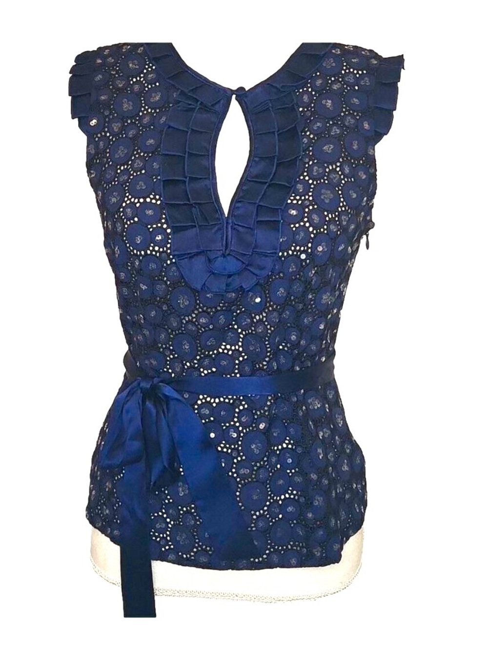 Bebe navy mattelasse lace blouse w/satin trim & sequins